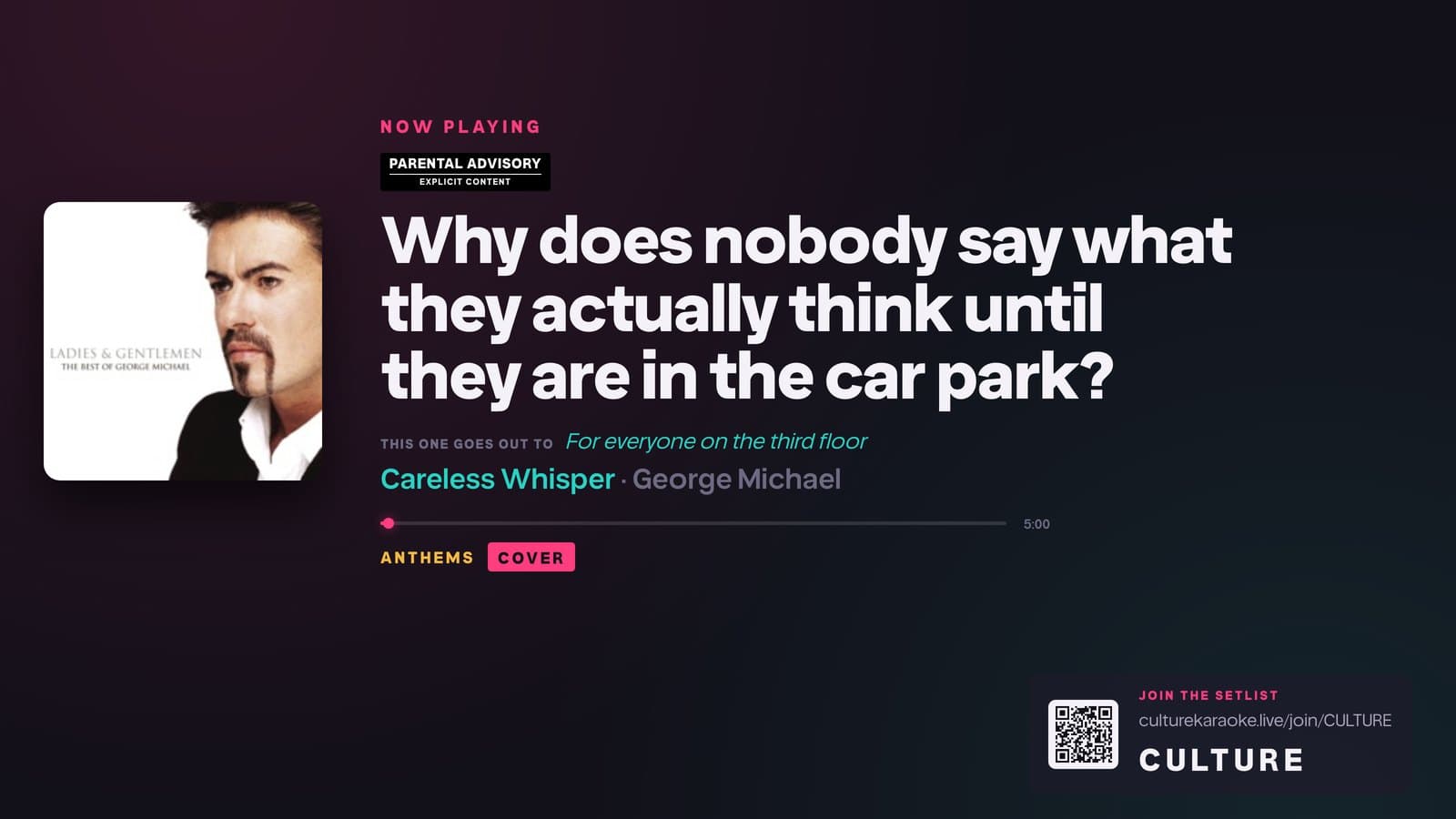 The screen during a question flagged as explicit: a parental advisory sticker, a dedication read out, and the COVER tag showing the audience wrote it.