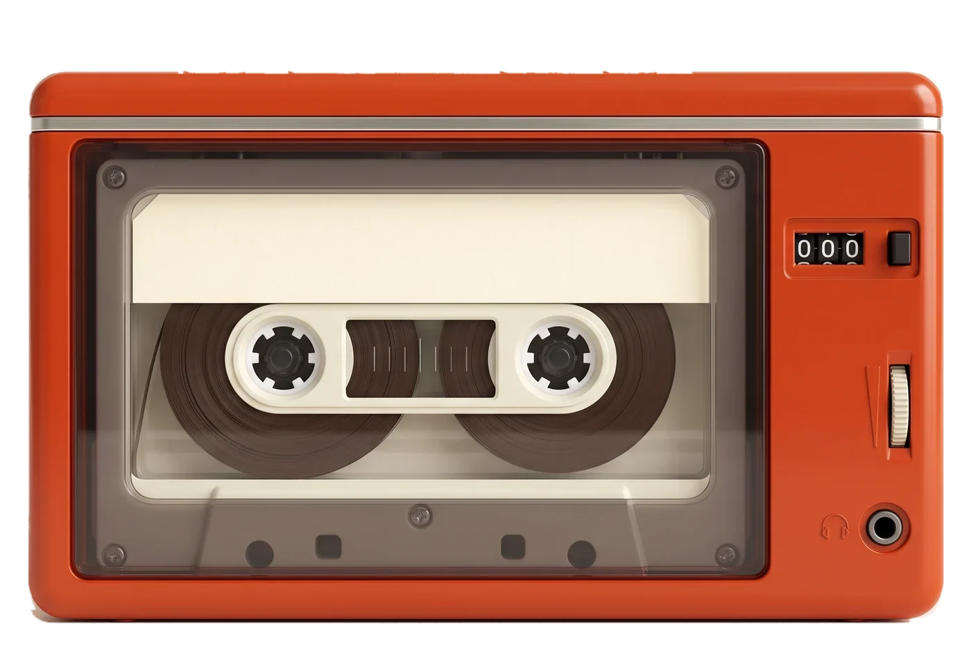 An orange portable cassette player with a tape in it